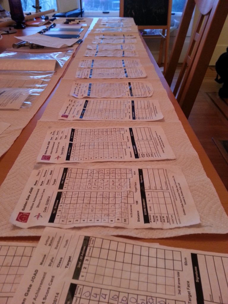 Score sheets drying on paper towels